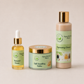 Set of skincare products including serum, butter, and cleanser with green labels on a beige background