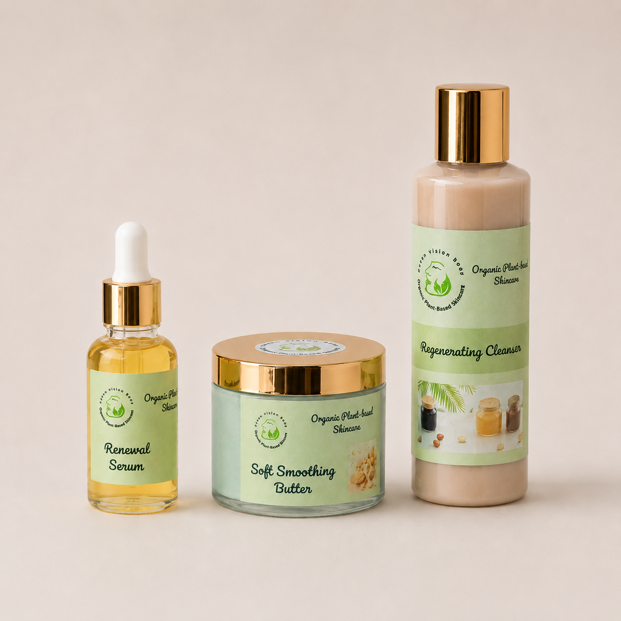 Set of skincare products including serum, butter, and cleanser with green labels on a beige background